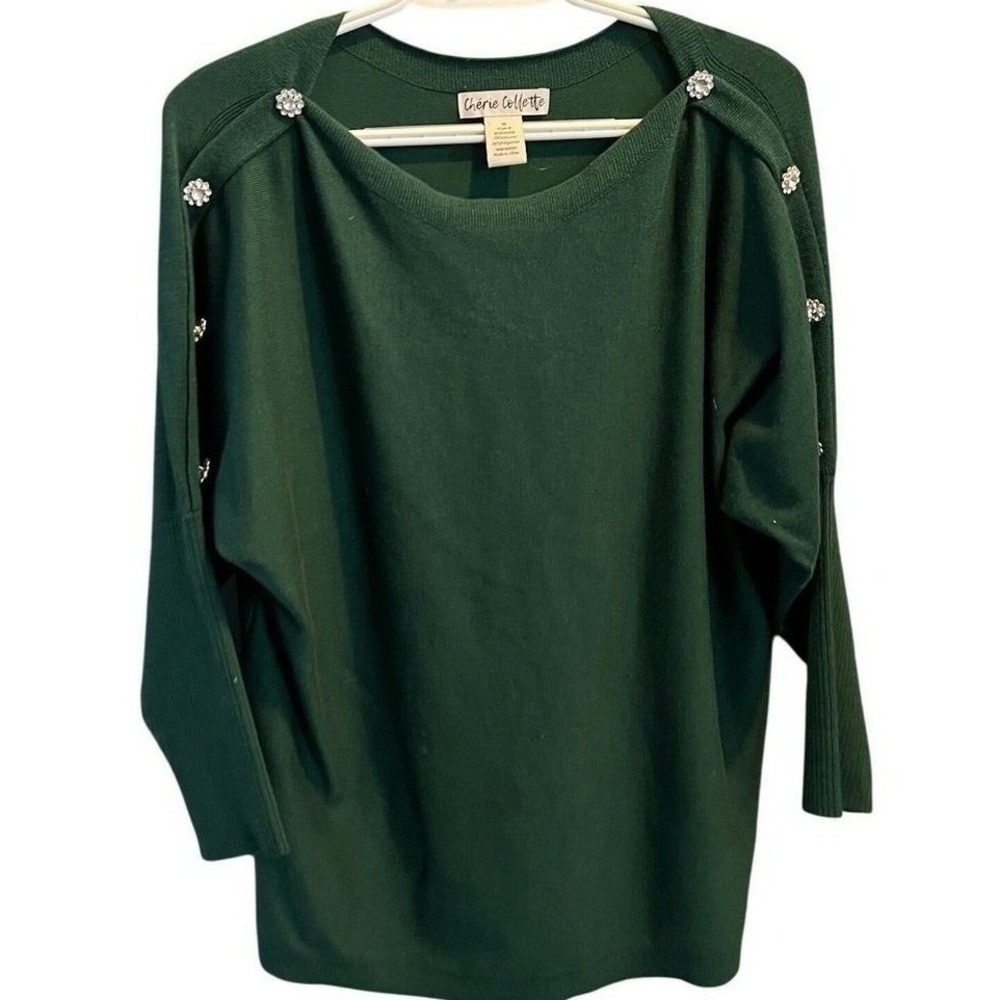 Cherie Collette Green Rhinestone Button Shoulder Dolman Sweater Medium BSW1499M